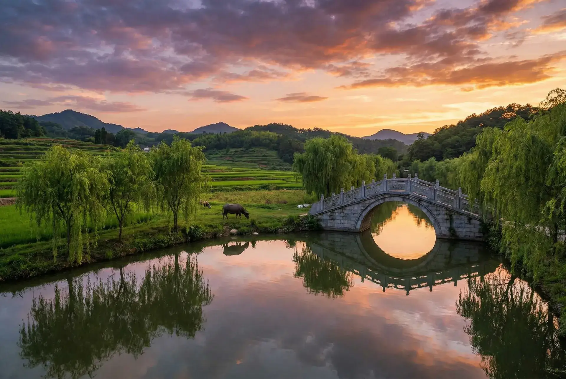 夕阳下的石拱桥与垂柳，水牛在河边吃草 - 欧美肥臀 乡村美景